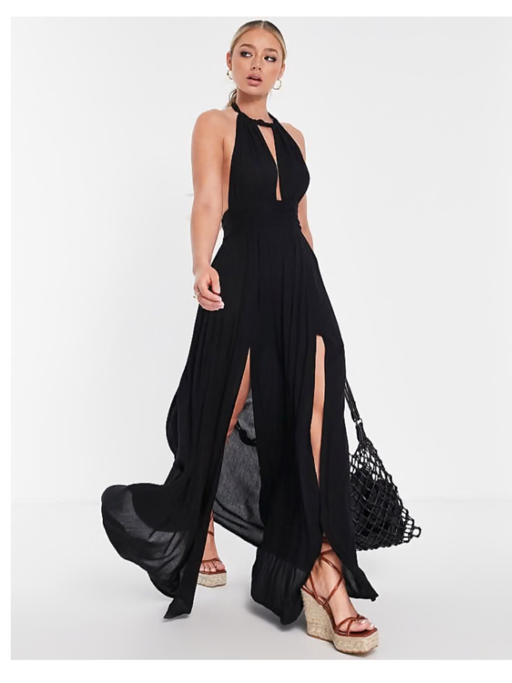 ASOS Black Halter Maxi Coverup with High Slits